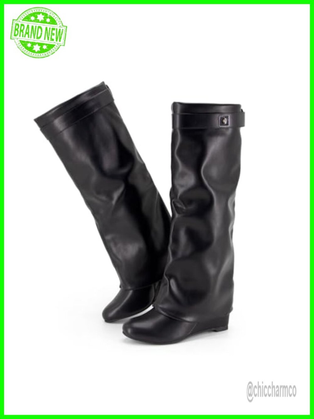Fold Over Knee High Boots PU Leather Wedge Heel Shark Boots for Women